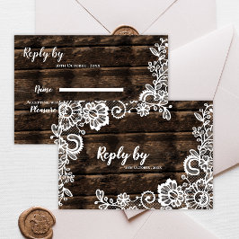 Cartão RSVP Casamento Floral Rustic Wood and White Lace