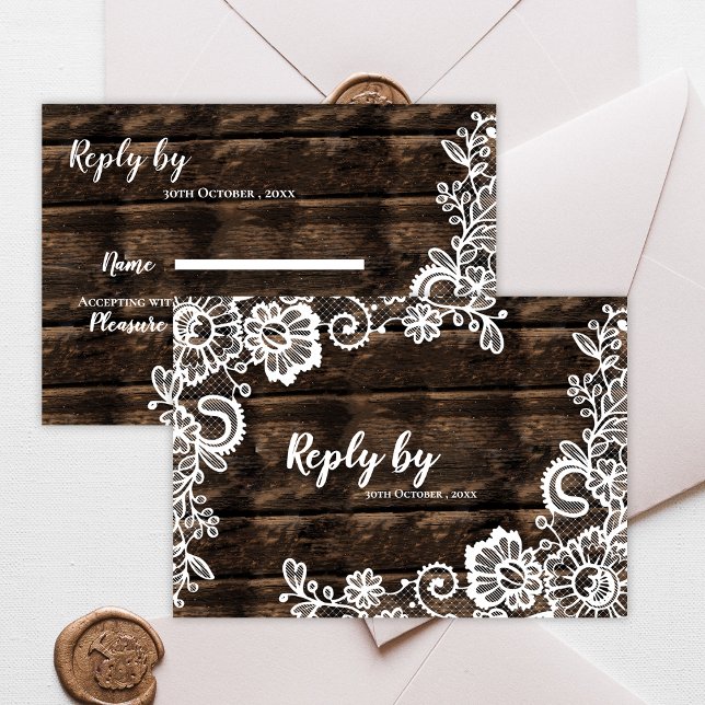Cartão RSVP Casamento Floral Rustic Wood and White Lace (Rustic Wood and White Lace Floral Wedding RSVP Card)