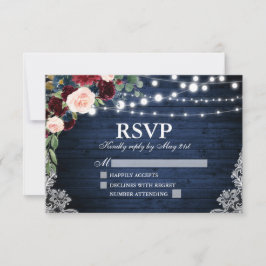 Cartão RSVP Casamento Floral Rustic Wood Blue Burgundy