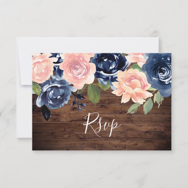 Cartão RSVP Casamento Floral Rustic Wood Blush & Marinho Water (Frente)