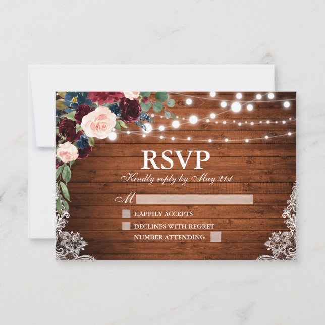 Cartão RSVP Casamento Floral Rustic Wood Burgundy Blue (Frente)