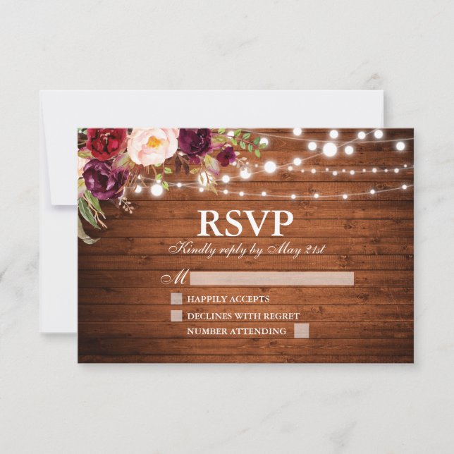Cartão RSVP Casamento Floral Rustic Wood Lights Burgundy (Frente)