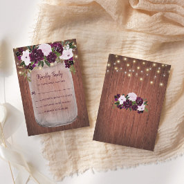 Cartão RSVP Casamento Floral Rustic Wood Mason Jar Plum