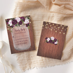 Cartão RSVP Casamento Floral Rustic Wood Mason Jar Plum