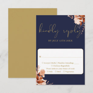 Cartão RSVP Casamento Floral Rústico Azul Marinho e Dourado