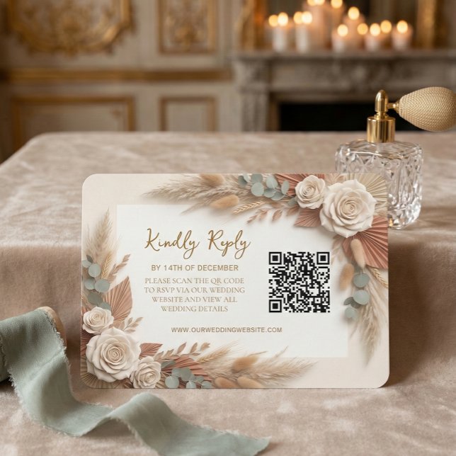 Cartão RSVP Casamento Floral Rústico Boêmio com Código QR (Criador carregado)