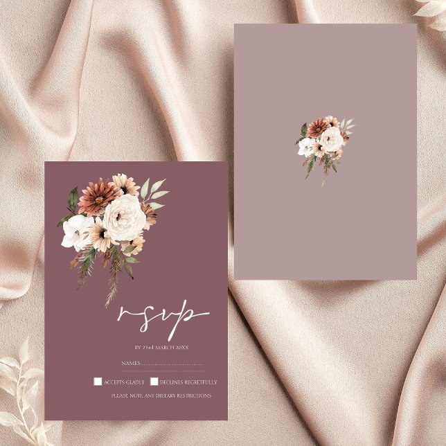 Cartão RSVP Casamento Floral Rústico e Pêssego (Rustic Purple and Peach Floral Wedding RSVP Card)