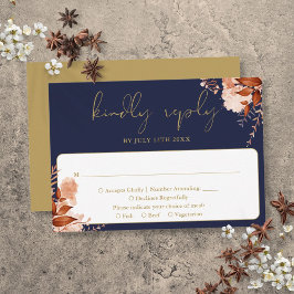 Cartão RSVP Casamento Floral Rústico Elegante Azul Marinho e D