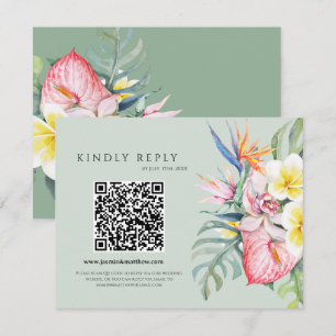 Cartão RSVP Casamento Floral Tropical Verde Salvia Código QR