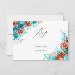 Cartão RSVP Casamento Floral Turquesa e Coral Russo