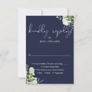 Cartão RSVP Casamento Floral Verde com Azul Naval Elegante