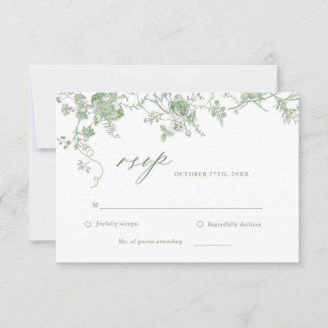 Cartão RSVP Casamento Floral Verde da Vitoriana Toile Sage (Frente)