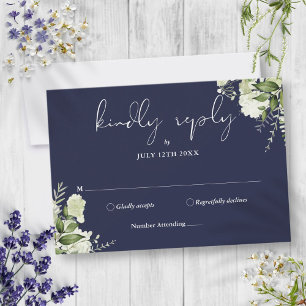 Cartão RSVP Casamento Floral Verde Elegante Azul Marinho