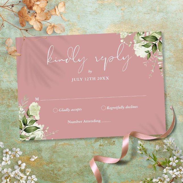 Cartão RSVP Casamento Floral Verde Elegante Rosa Empoeirado (Greenery Floral Elegant Dusty Rose Wedding RSVP Card)