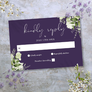 Cartão RSVP Casamento Floral Verde Elegante Roxo
