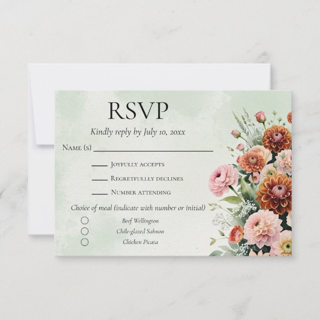 Cartão RSVP Casamento Floral Verde Laranja Laranja Verde (Frente)