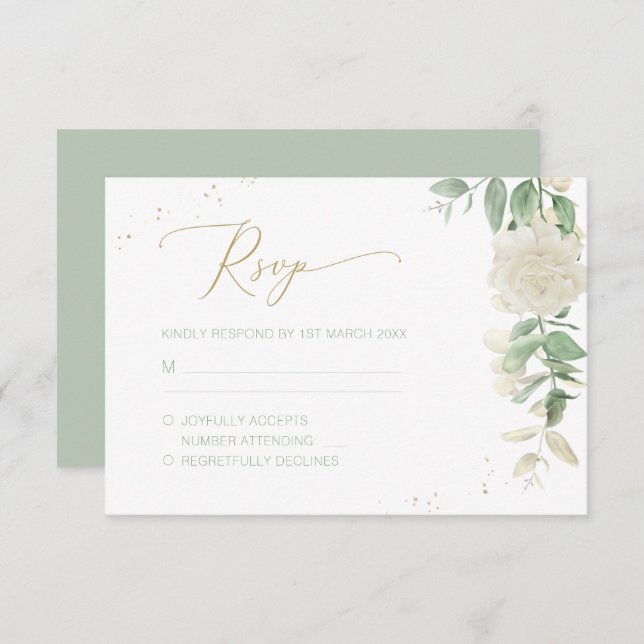 Cartão RSVP Casamento Floral Verde Moderno Elegante (Frente/Verso)
