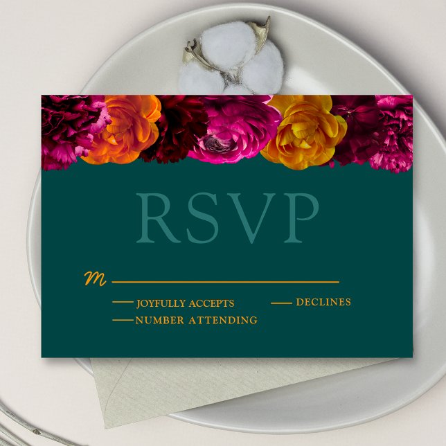 Cartão RSVP Casamento floral verde-rosa-rosa moderno (Criador carregado)