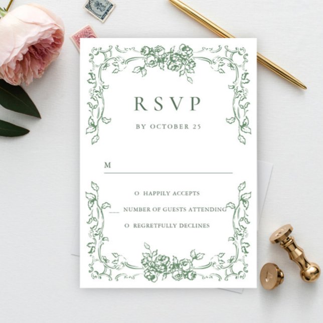 Cartão RSVP Casamento Floral Verde Sálvia Ornate Renascença (Criador carregado)