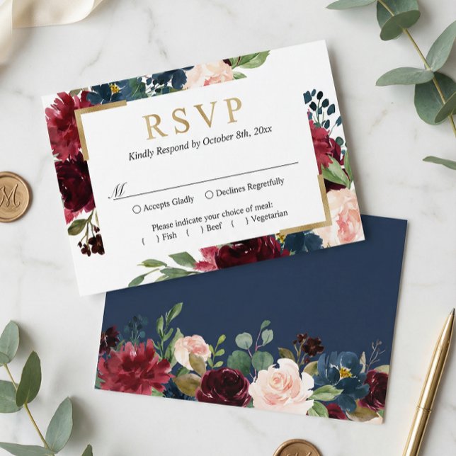 Cartão RSVP Casamento Floral Vermelho Azul Espelho Brilhante (Criador carregado)