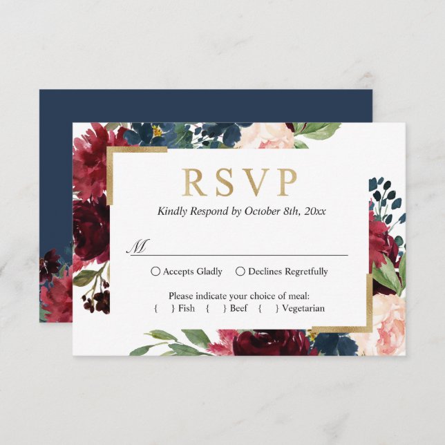Cartão RSVP Casamento Floral Vermelho Azul Espelho Brilhante (Frente/Verso)