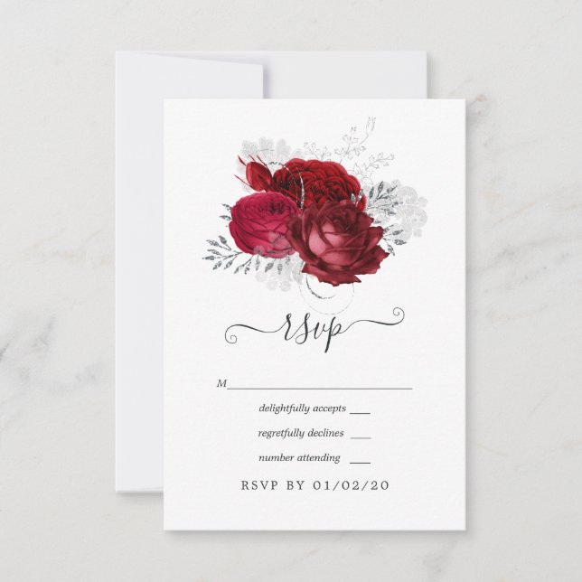 Cartão RSVP Casamento Floral Vermelho e Prata (Frente)