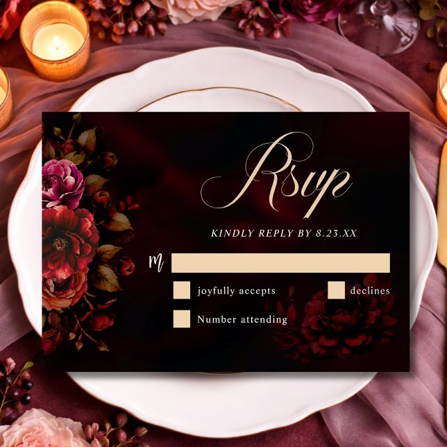 Cartão RSVP Casamento floral vermelho-preto elegante (Criador carregado)