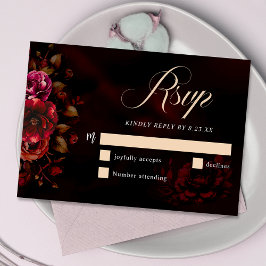 Cartão RSVP Casamento floral vermelho-preto elegante