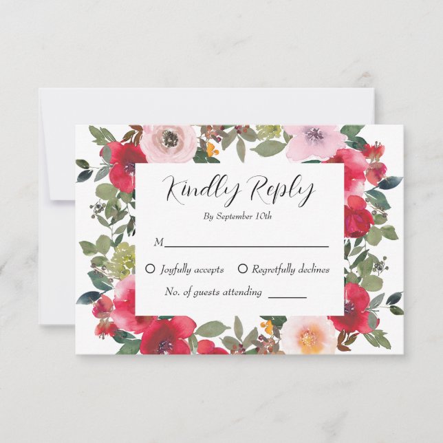 Cartão RSVP Casamento Floral Vermelho Rosa Vermelha Elegante (Frente)