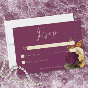 Cartão RSVP Casamento Floral Vintage Vinho Jewel Elegante e Te