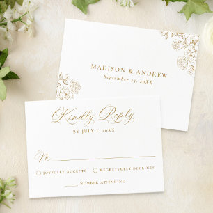 Cartão RSVP Casamento Floral Vitoriano em Ouro Elegante