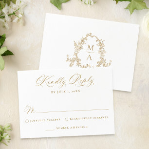 Cartão RSVP Casamento Floral Vitoriano em Ouro Elegante