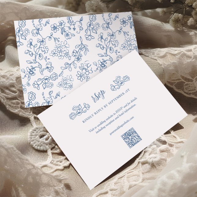 Cartão RSVP Casamento Floral Vitoriano Vitoriano Elegante Azul (Criador carregado)