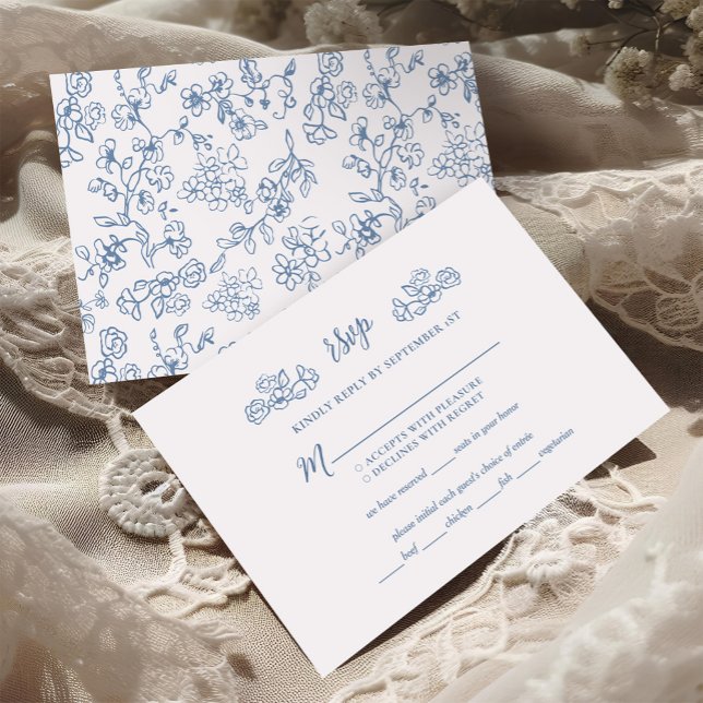 Cartão RSVP Casamento Floral Vitoriano Vitoriano Elegante Azul (Criador carregado)