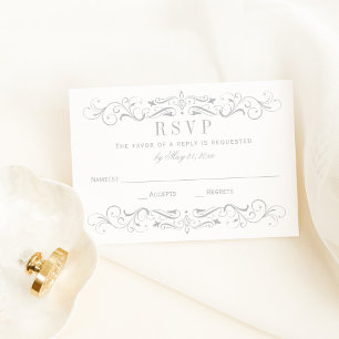 Cartão RSVP Casamento florescente de Cinzas brancas e prateada