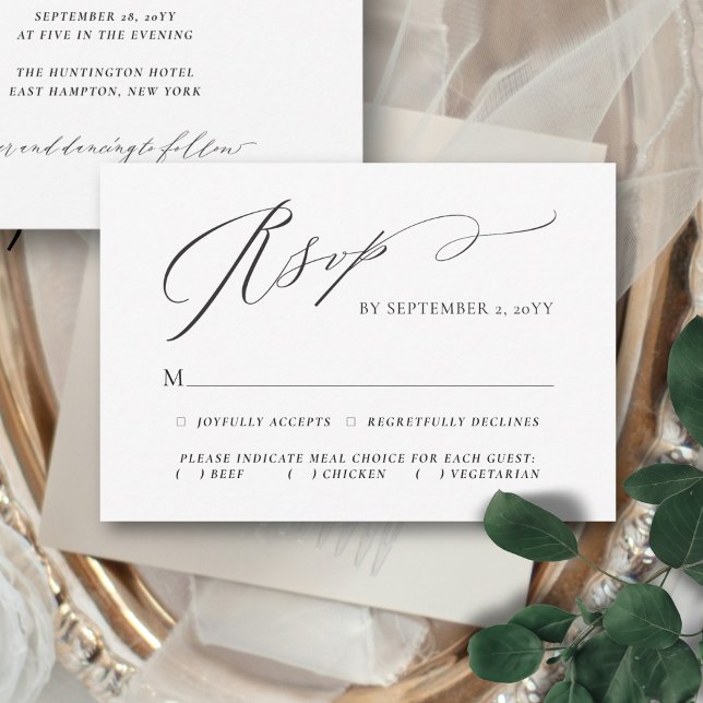 Cartão RSVP Casamento florescente de Escolha de Refeições de S (This elegant, minimalist RSVP card features a handwritten calligraphy script and your meal choices)
