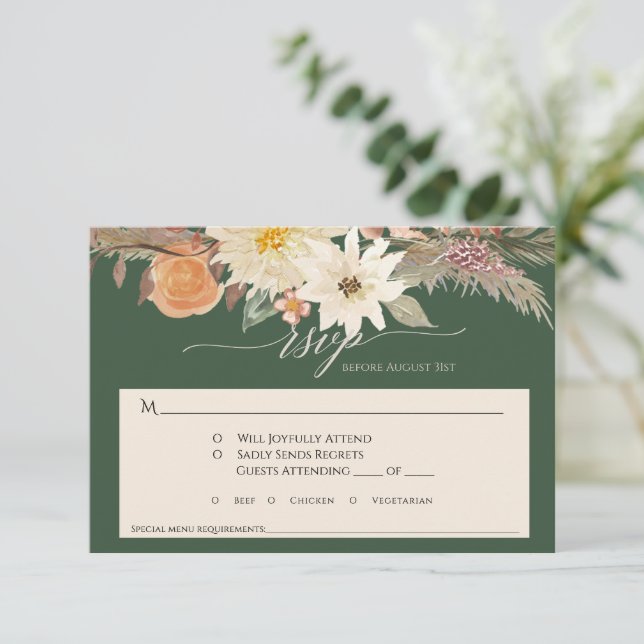 Cartão RSVP Casamento Floresta Floral Outono BOHO Grama Pampas (Em pé/Frente)