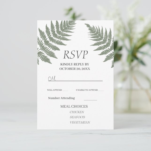 Cartão RSVP Casamento Floresta Verde Ferns Lá Fora (Em pé/Frente)