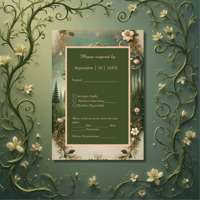 Cartão RSVP Casamento Florestal Medieval Whimsical Verde (Criador carregado)