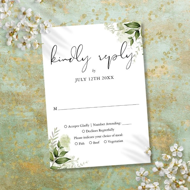 Cartão RSVP Casamento Folhas de Verdura Rústico Elegante (Elegant Rustic Greenery Leaves Wedding RSVP Card)
