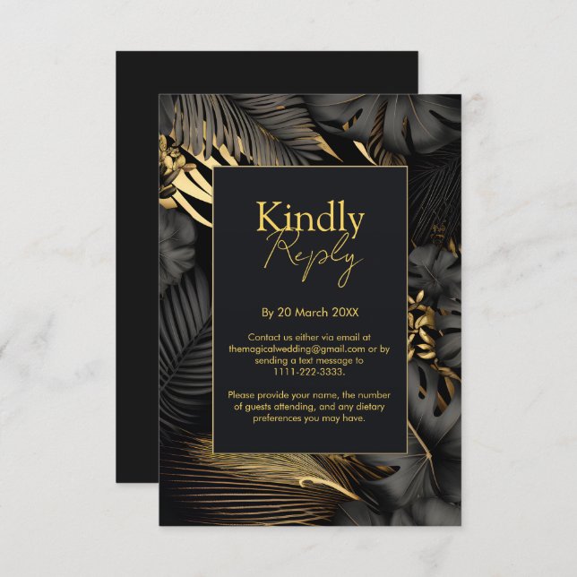 Cartão RSVP Casamento Folhas Tropicais Preto e Dourado Moderno (Frente/Verso)