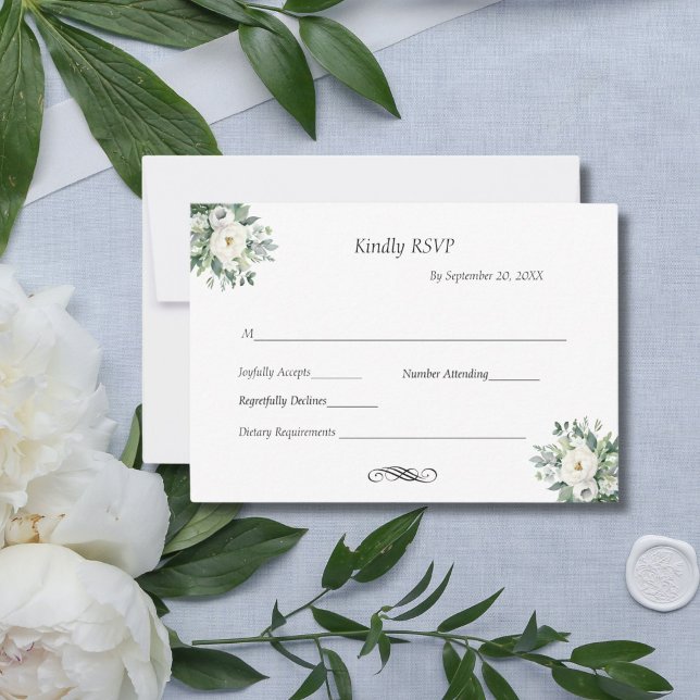 Cartão RSVP Casamento Formal Branco Floral Tradicional (White Watercolor Floral Greenery  Wedding RSVP card with dietary requirements)