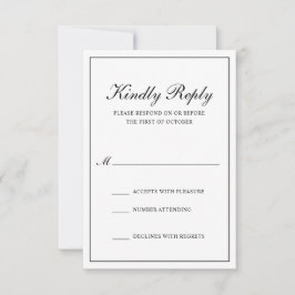 Cartão RSVP Casamento Formal Clássico Tradicional Preto e Bran