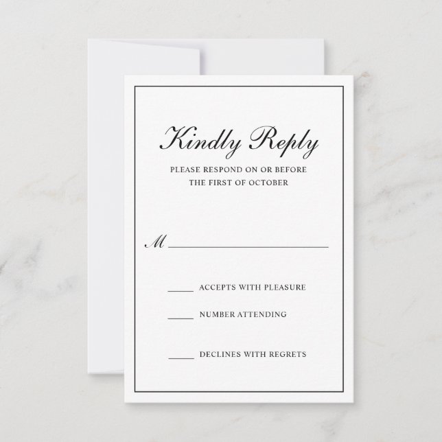 Cartão RSVP Casamento Formal Clássico Tradicional Preto e Bran (Frente)