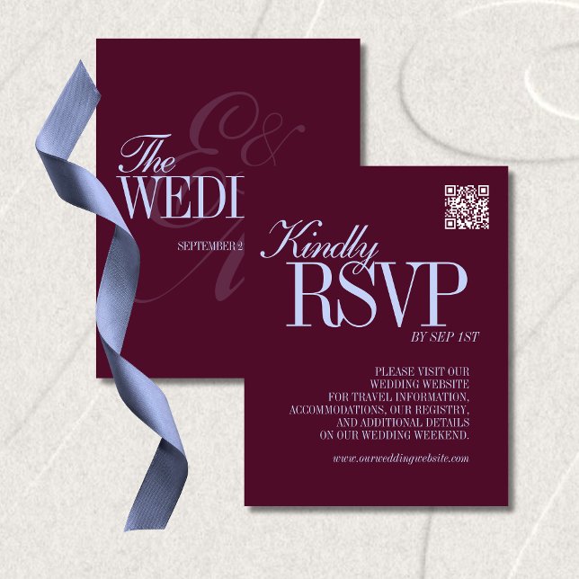 Cartão RSVP Casamento Formal com Código QR em Tons de Ameixa e (Luxury Plum and Periwinkle QR Code Formal Wedding RSVP Card)