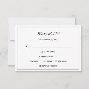 Cartão RSVP Casamento Formal de Prata Branca Preta Tradicional