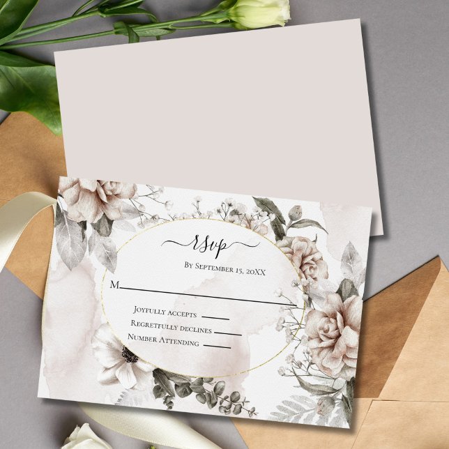Cartão RSVP Casamento Formal Elegante Floral Elegante Cinza Ro (Blush Pink Gray Floral Watercolor Wedding RSVP Card)