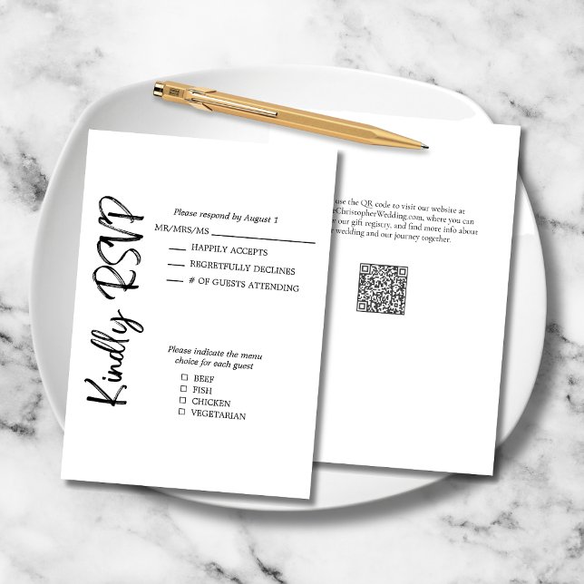 Cartão RSVP Casamento Formal Preto Branco Negrito Script Forma (Black White Formal Wedding RSVP Card with Vertical Script, Menu Choices, QR Code, Website.)