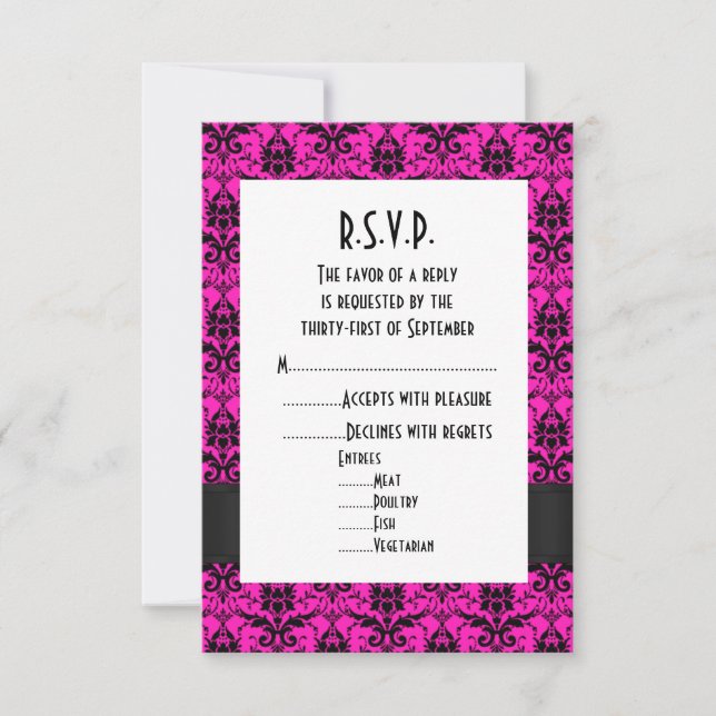Cartão RSVP Casamento formal R.S.V.P., rosa e negro damasco (Frente)
