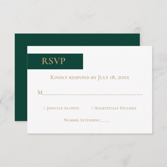 Cartão RSVP Casamento Formal Simples Moderno Verde Dourado Ele (Frente/Verso)
